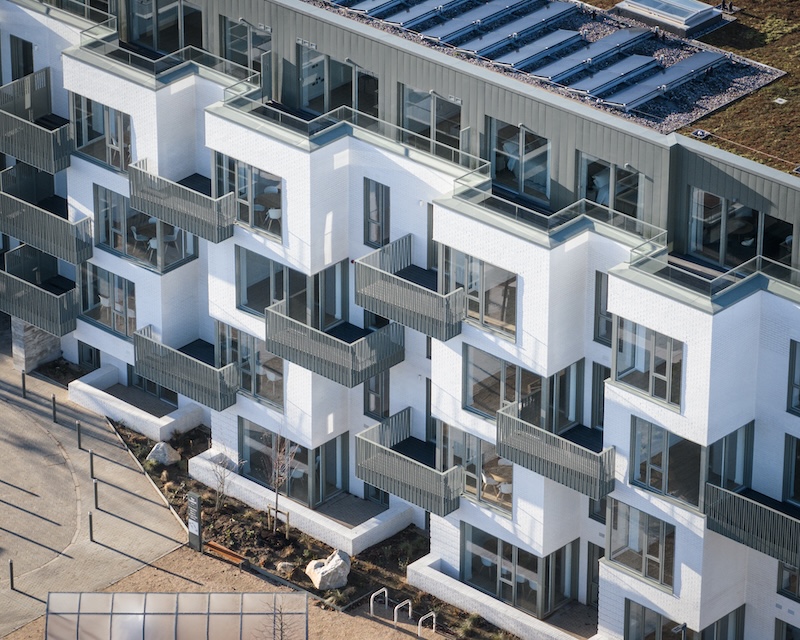 Aerial view of the modern commercial window systems Ireland and commercial doors Ireland of The Lookout development in Dalkey from above.
